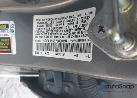 2007 Honda Civic Lx from USA, damaged, VIN 1HGFA16587L030194